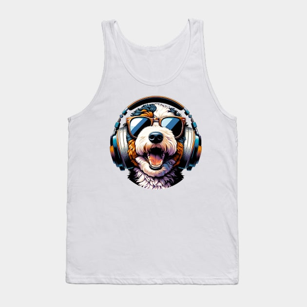 Mini Bernedoodle Smiling DJ in Japanese Art Style Tank Top by ArtRUs